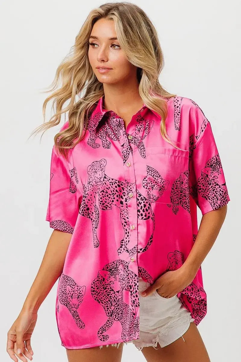 BiBi Leopard Print Short Sleeve Silky Satin Shirt Top - Love Salve